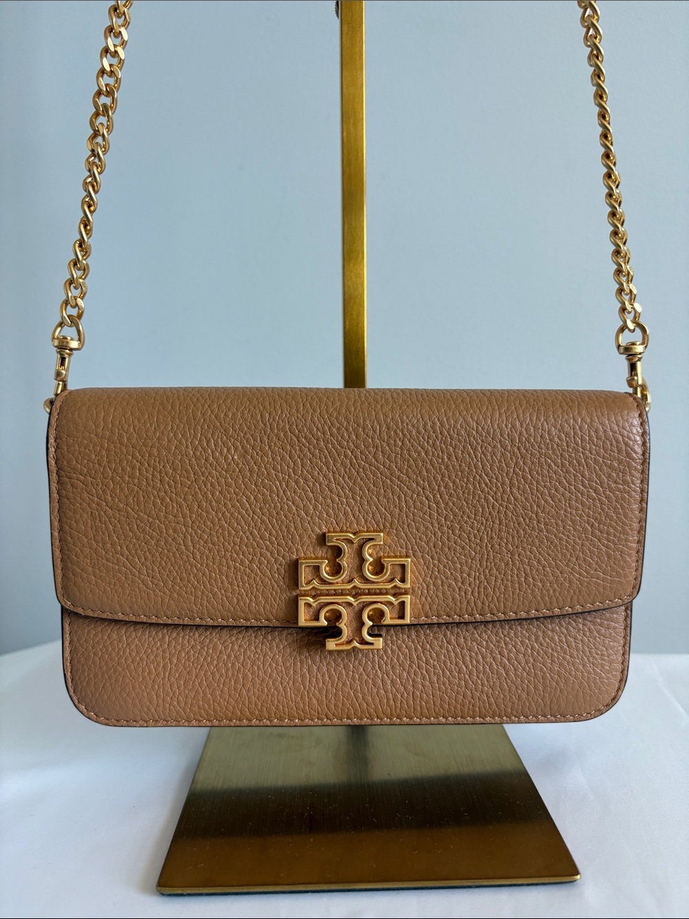 Tory Burch Caramel Britten Pebble Leather Chain Wallet